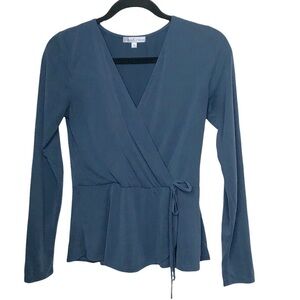 Moa Moa Slate Blue Gray Long Sleeve Faux Wrap Blouse